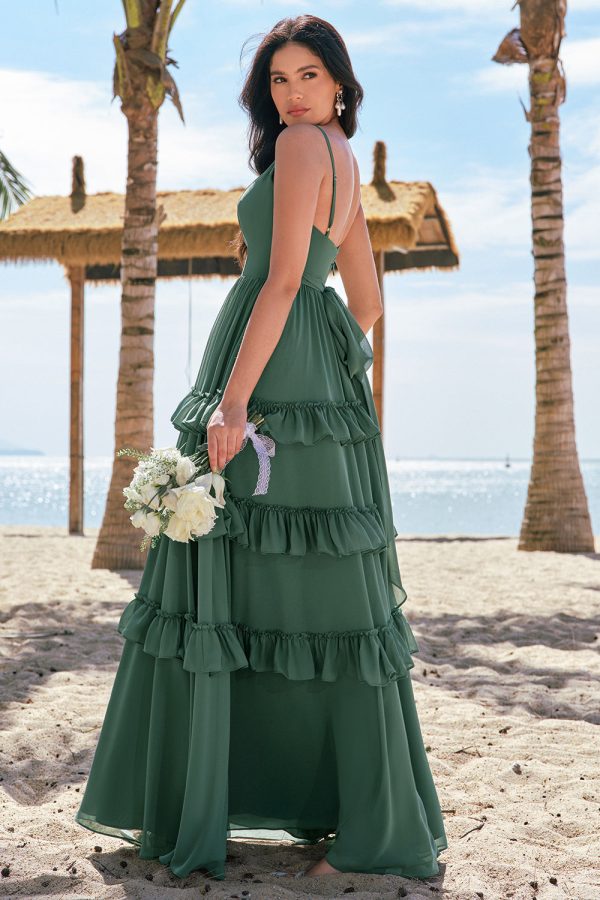 Gelaagde Eucalyptus A-lijn chiffon lange bruidsmeisjesjurk Mode – Bild 2