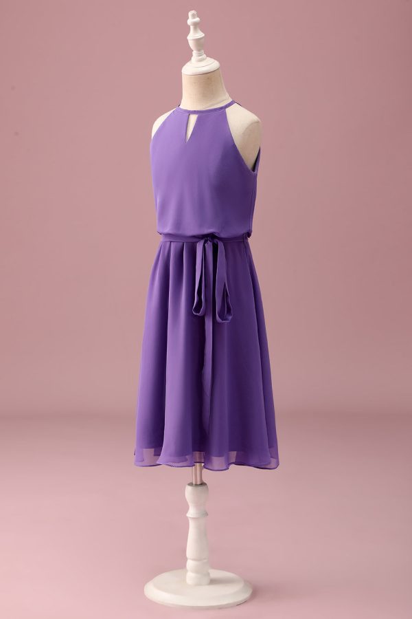 Paarse Halter Keyhole A Line Korte Junior Bruidsmeisjesjurk met Riem Rabatt – Bild 3