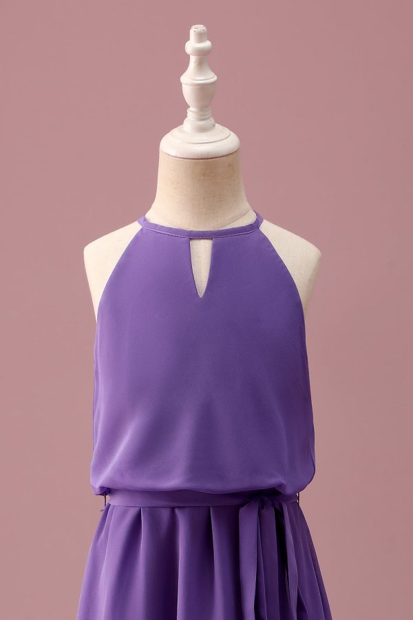 Paarse Halter Keyhole A Line Korte Junior Bruidsmeisjesjurk met Riem Rabatt – Bild 4