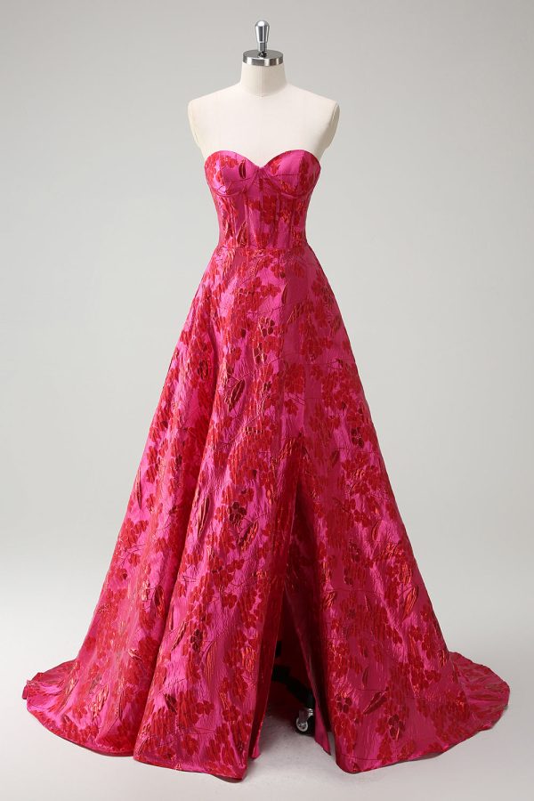 Fuchsia Floral Jacquard Sweetheart Prinses Lange Korset Prom Dress met Split Mode
